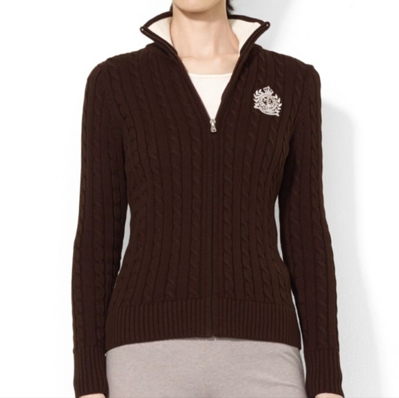 Lauren Ralph Lauren Sweaters - RALPH LAUREN Crested Cable Knit Zip-Up Cardigan Sweater, Large, Brown